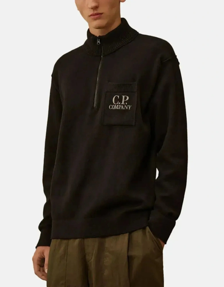 CP COMPANY MENS SOFT COTTON STRETCH CHEST POCKET 1/4 ZIP KNIT BLACK