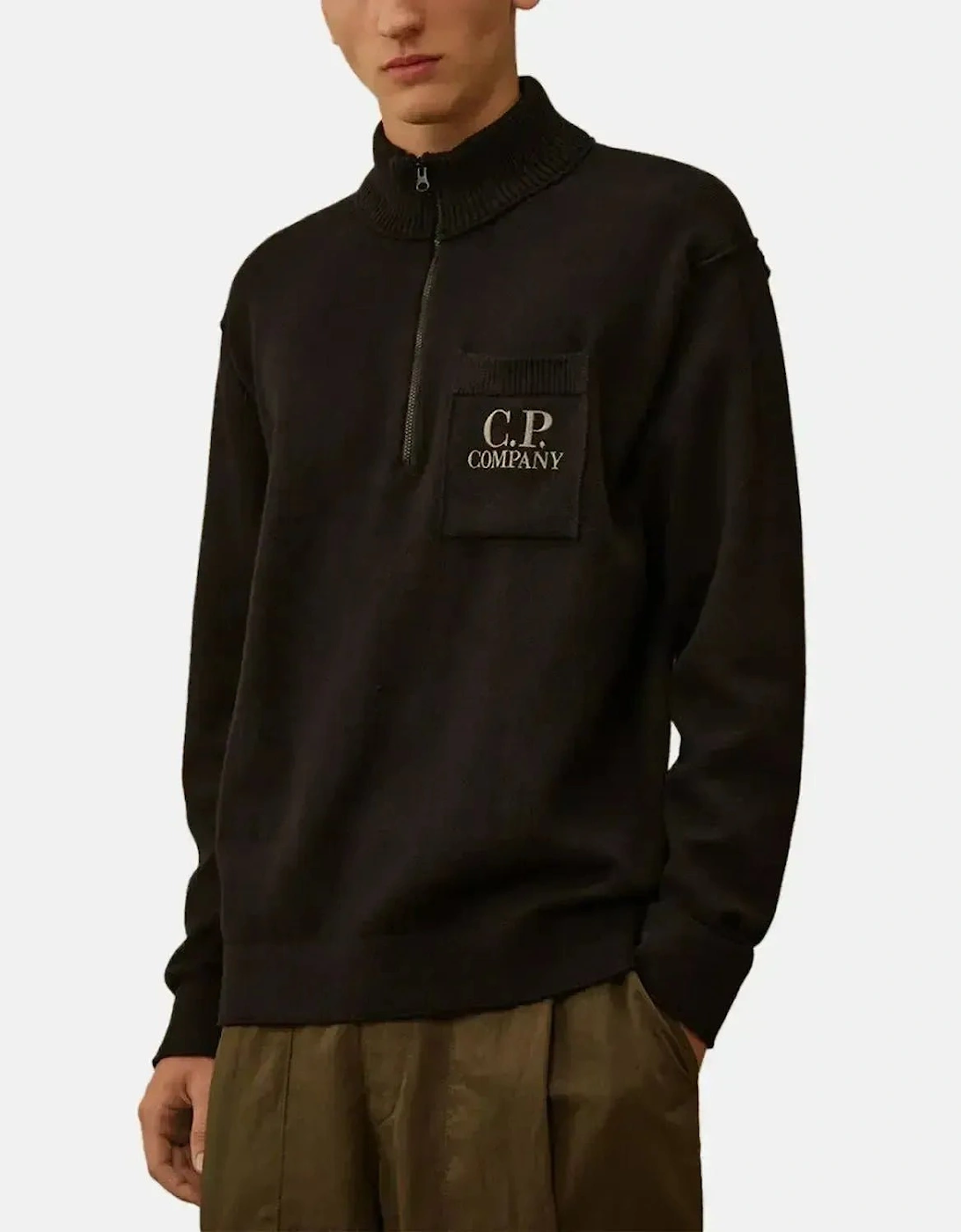CP COMPANY MENS SOFT COTTON STRETCH CHEST POCKET 1/4 ZIP KNIT BLACK