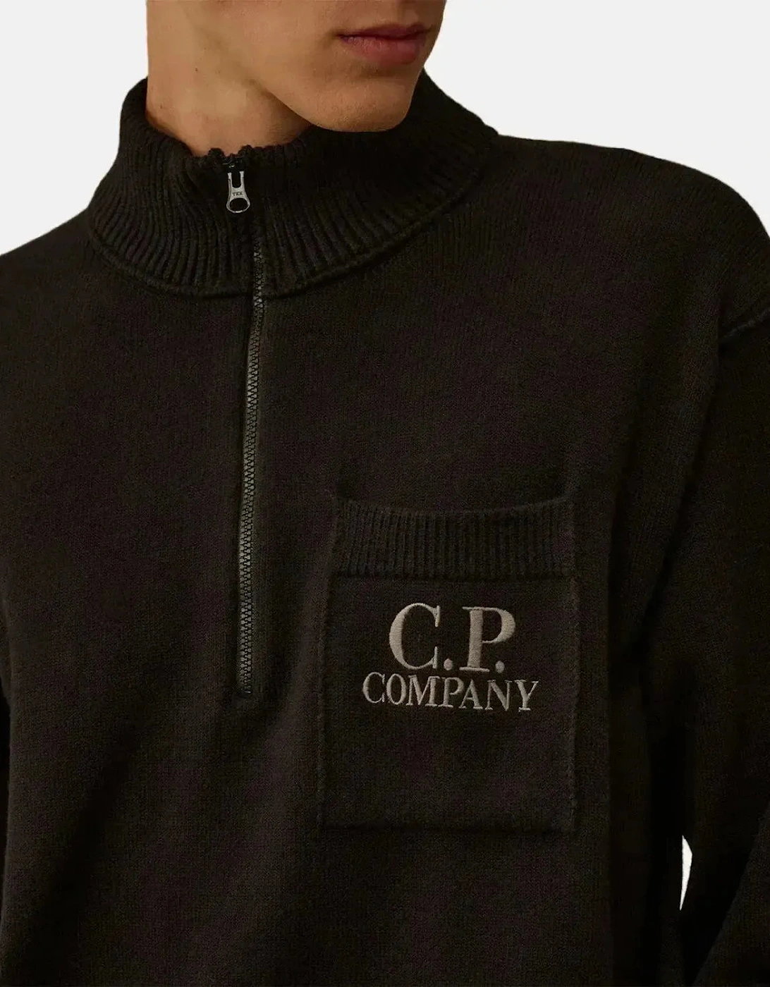 CP COMPANY MENS SOFT COTTON STRETCH CHEST POCKET 1/4 ZIP KNIT BLACK