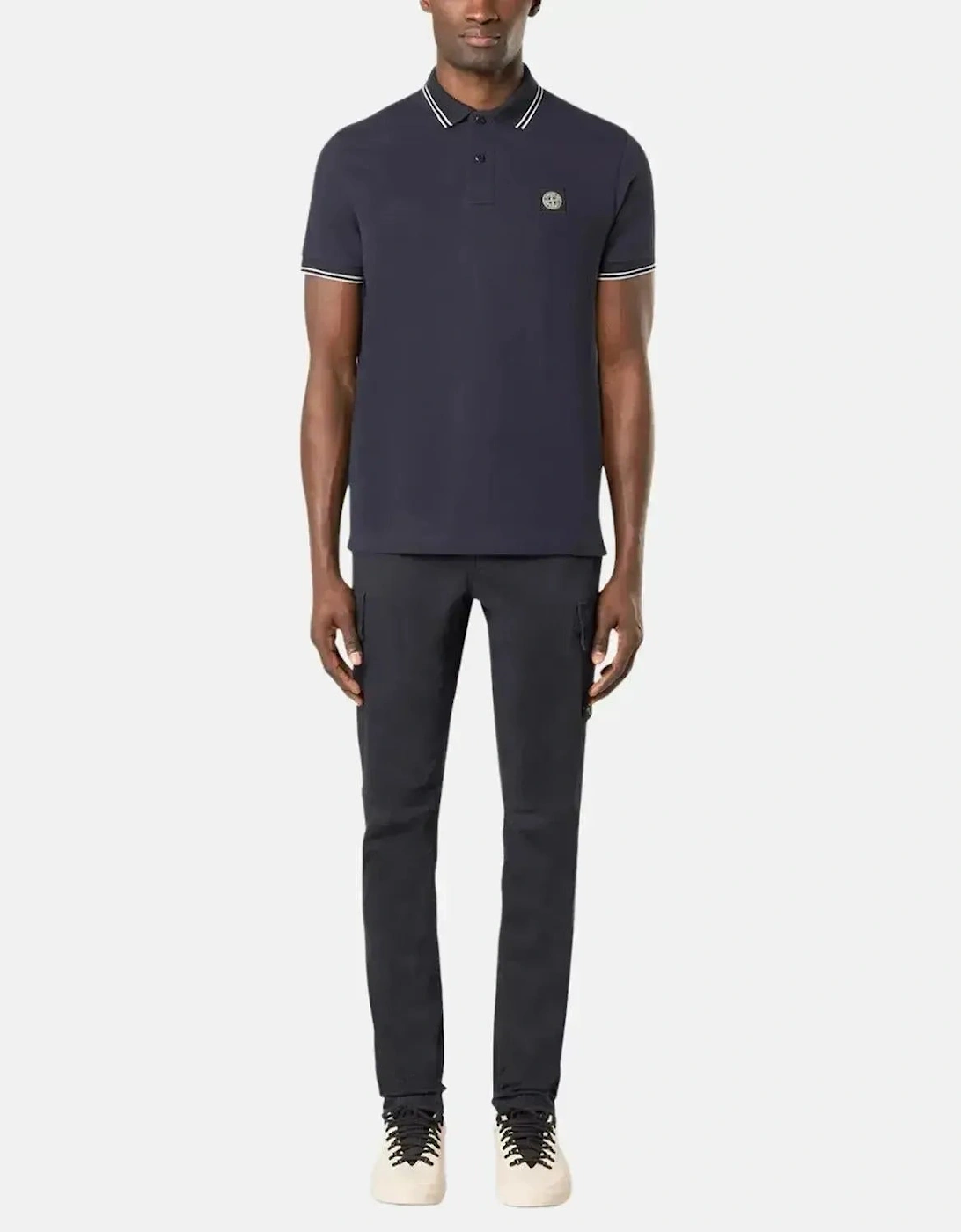 STONE ISLAND MENS 2200007 ORGANIC STRETCH COTTON TIPPED SLIM FIT POLO SHIRT NAVY