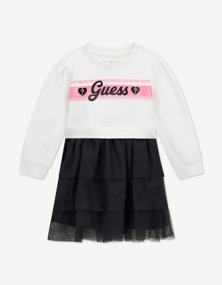 Guess Girls Mixed Fabric Dress in White