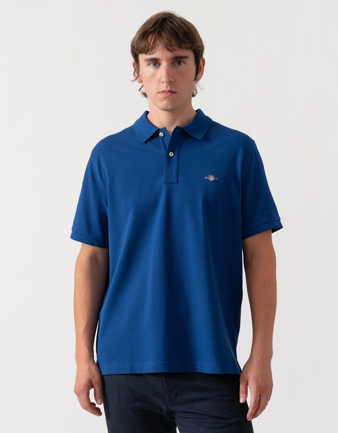 Gant Men's Blue Regular Fit Short Sleeve Shield Logo Pique Polo - 435 Crisp - Size 38