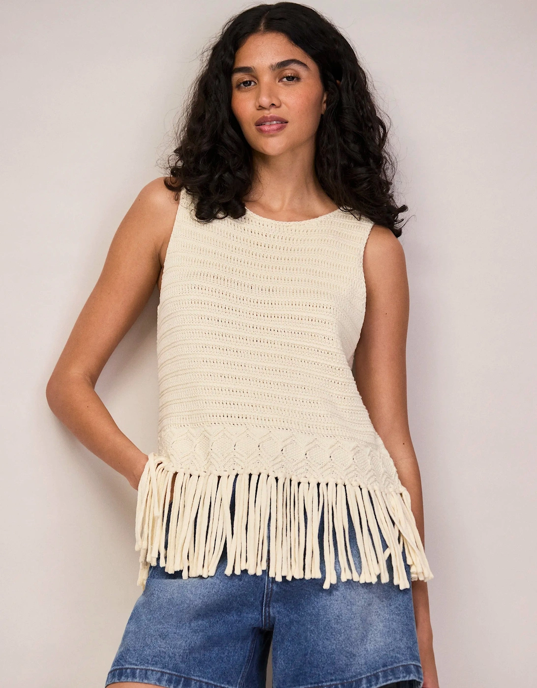 Cream Knit Fringe Hem Shell Top