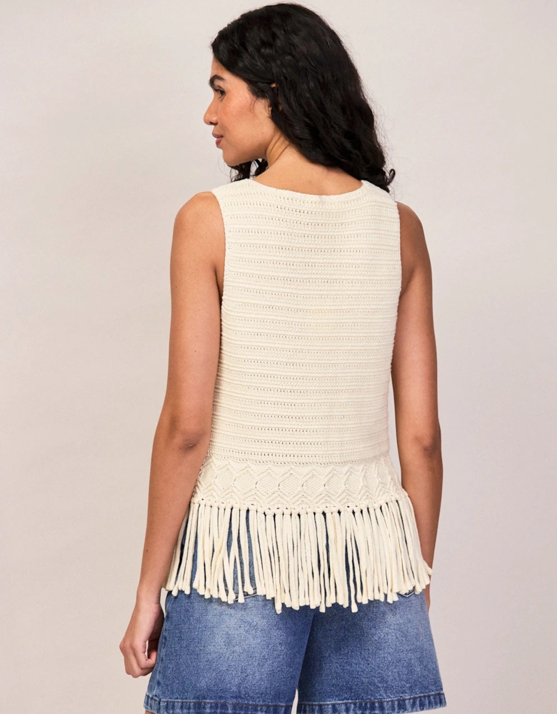 Cream Knit Fringe Hem Shell Top