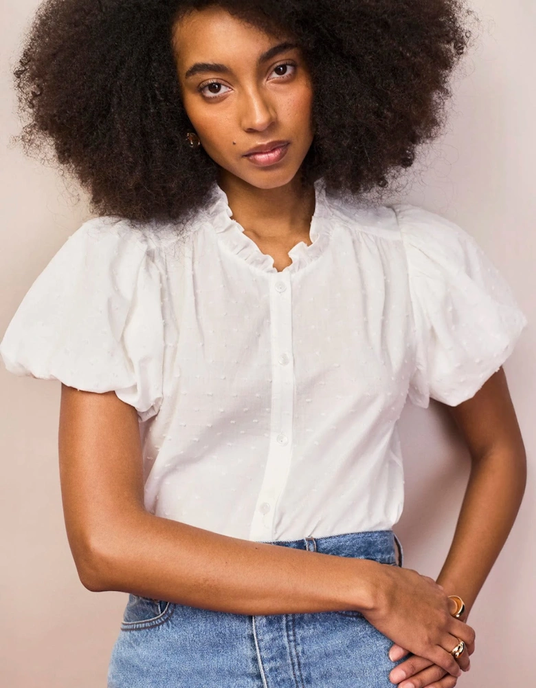 White Cotton Textured Puff Sleeve Shirt