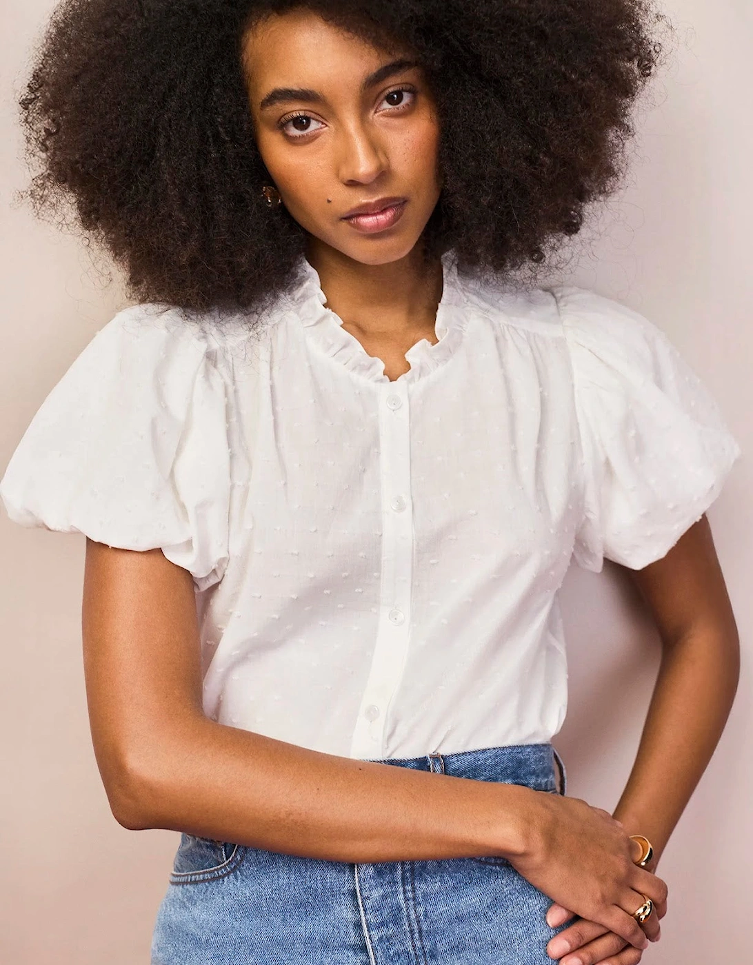 White Cotton Textured Puff Sleeve Shirt