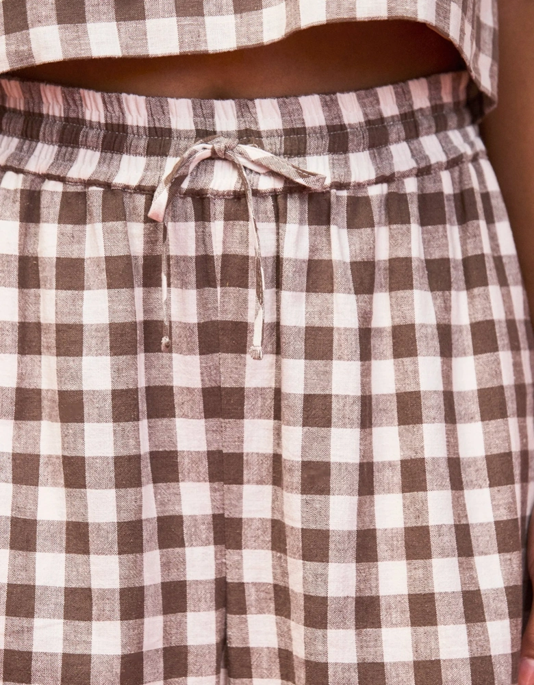 Petite Brown Gingham Linen Blend Casual Trouser