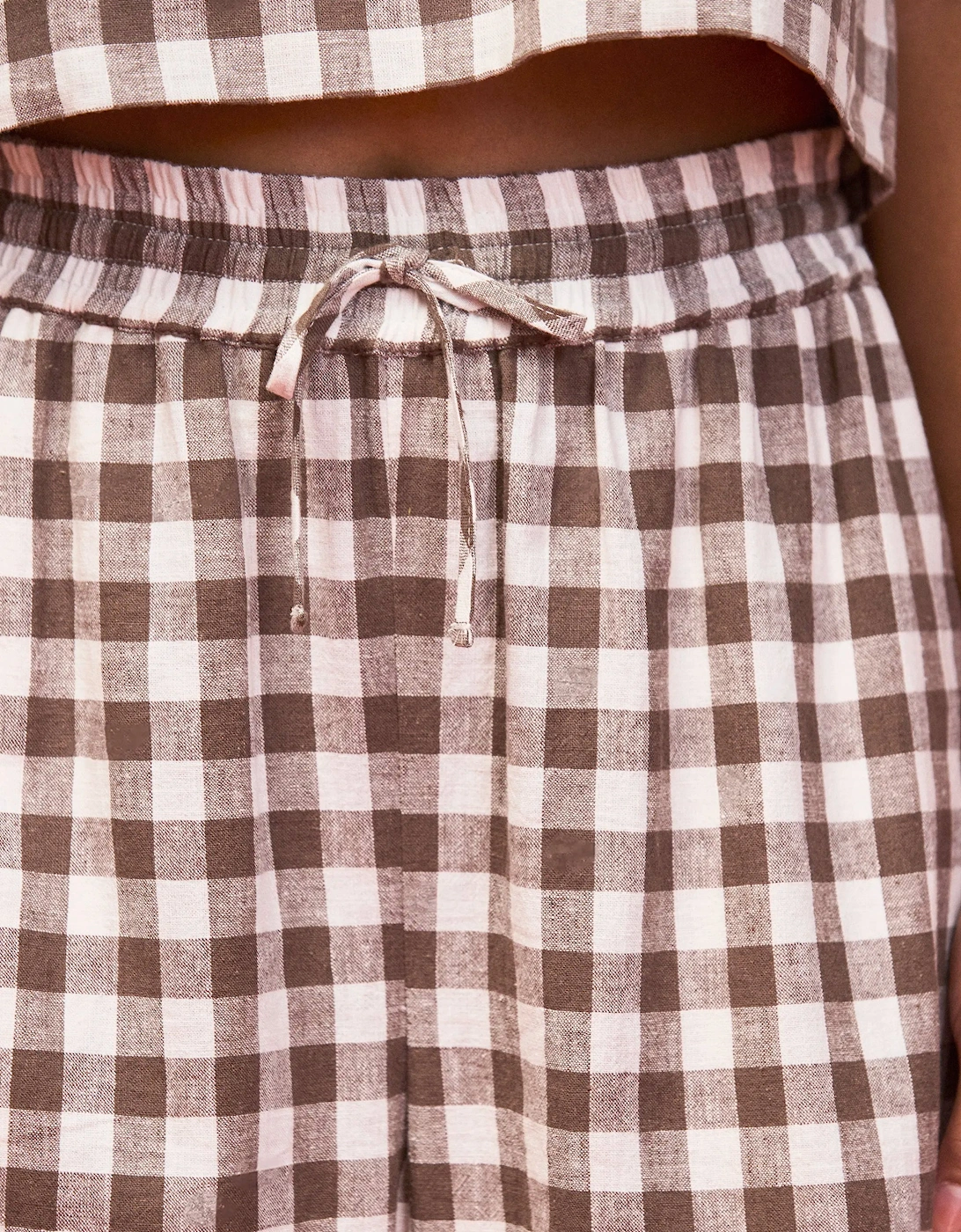 Petite Brown Gingham Linen Blend Casual Trouser