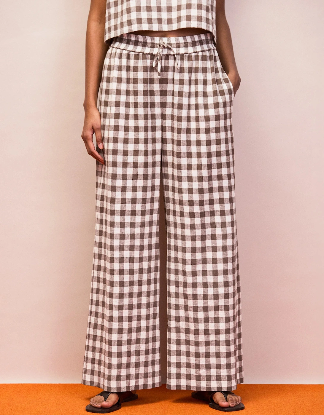 Petite Brown Gingham Linen Blend Casual Trouser