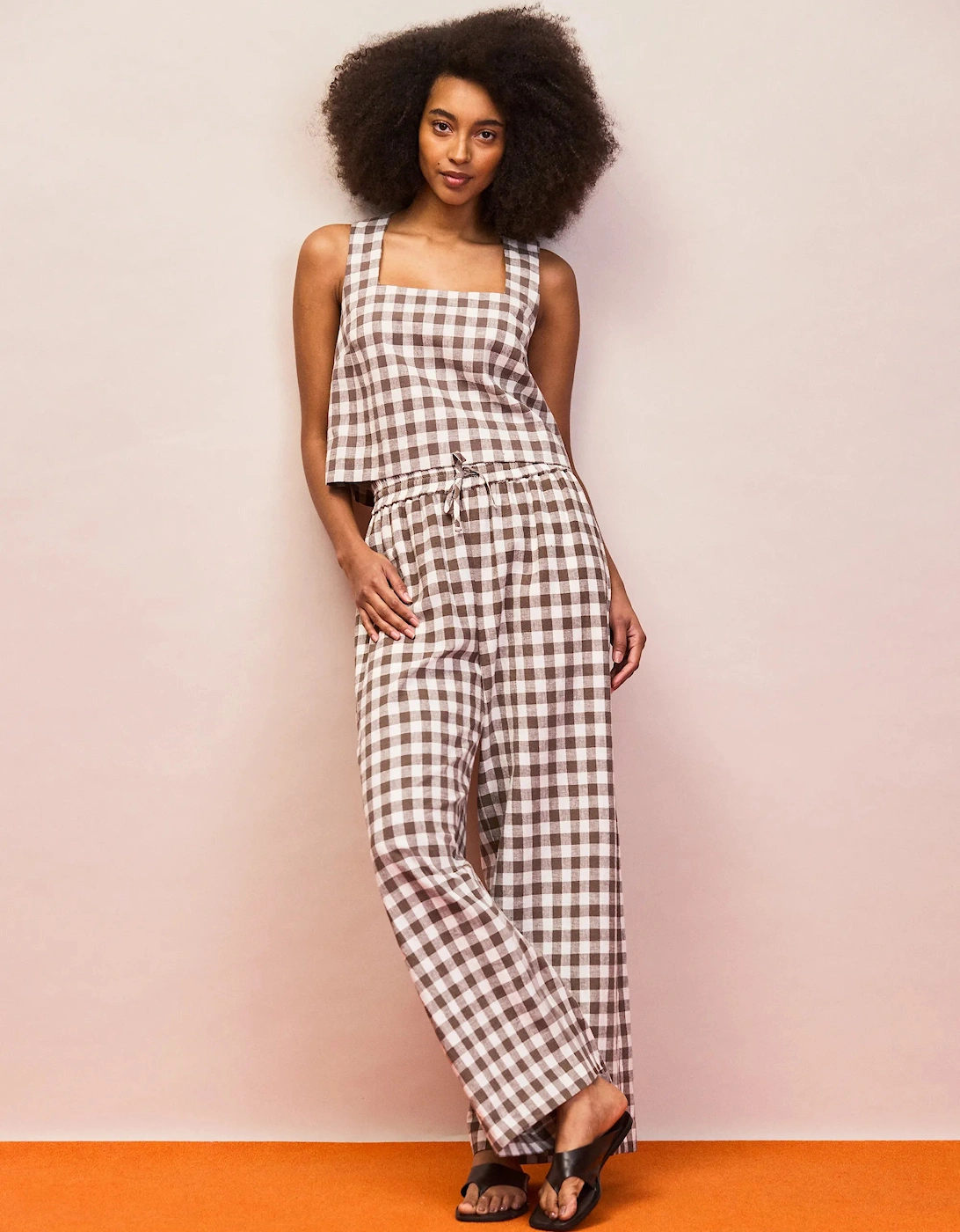 Petite Brown Gingham Linen Blend Casual Trouser
