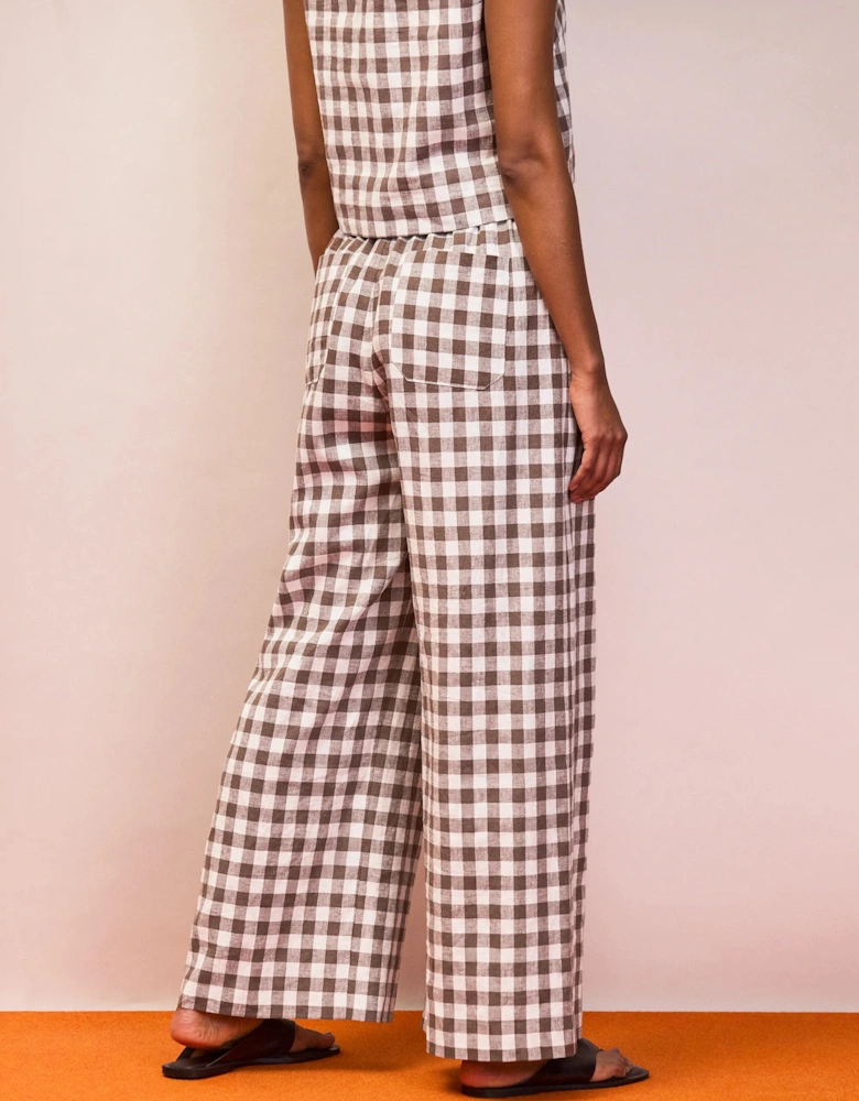 Petite Brown Gingham Linen Blend Casual Trouser