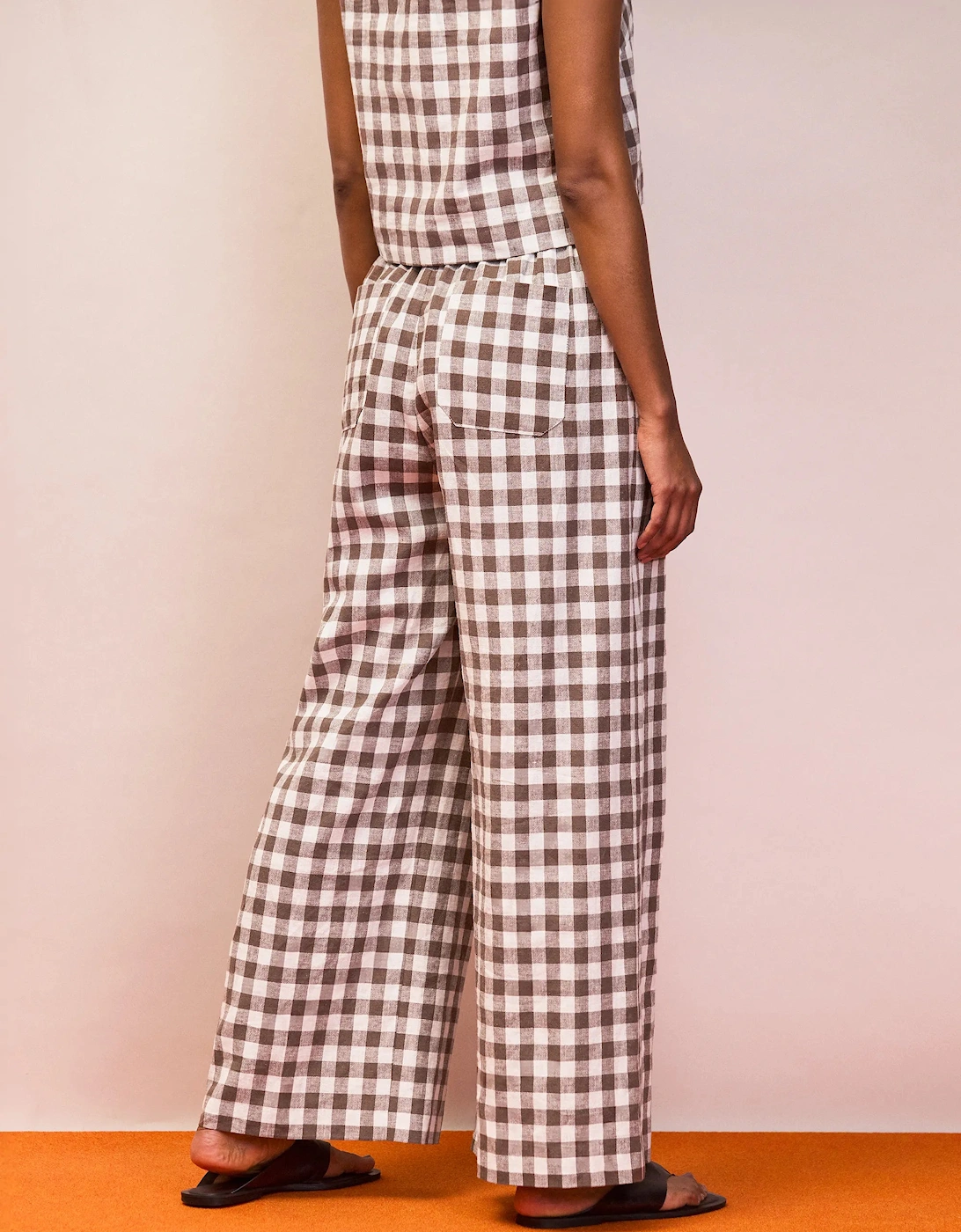 Petite Brown Gingham Linen Blend Casual Trouser