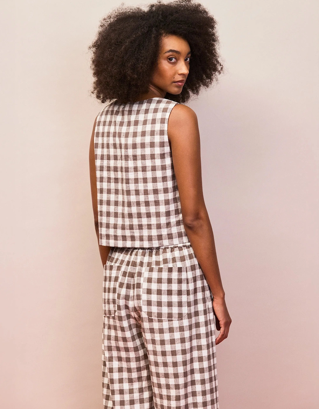 Brown Gingham Linen Blend Square Neck Top