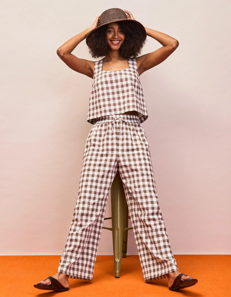Brown Gingham Linen Blend Square Neck Top