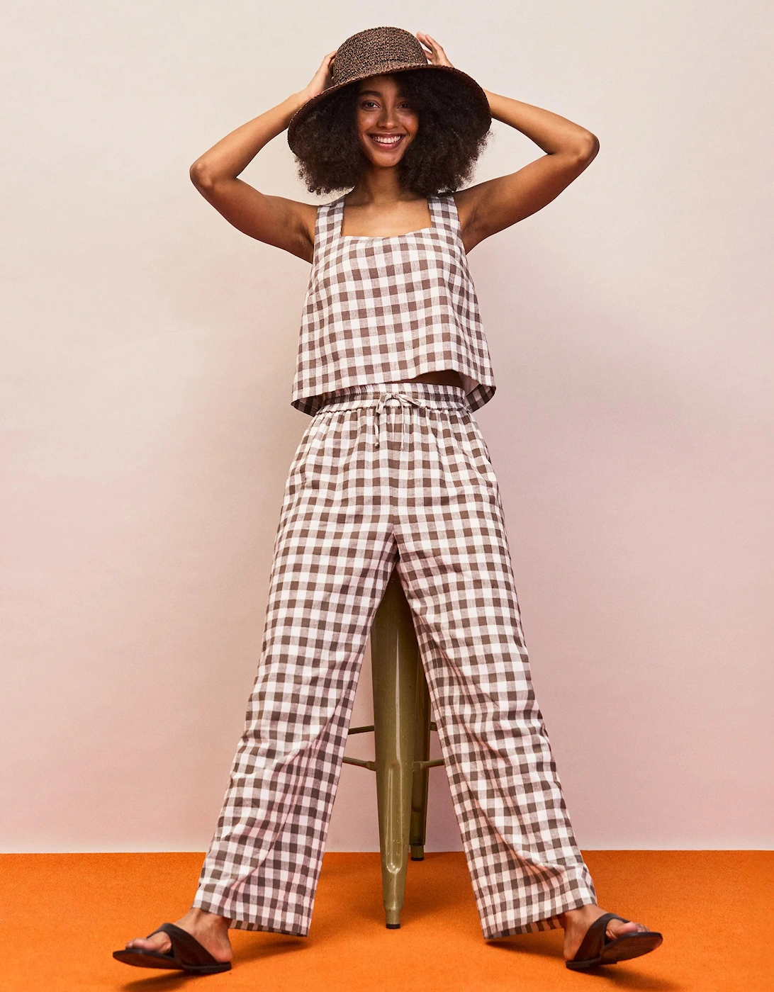 Brown Gingham Linen Blend Square Neck Top