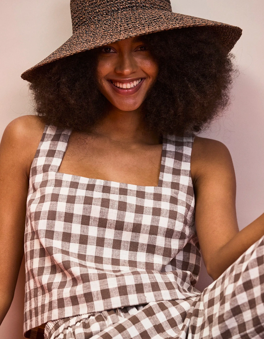 Brown Gingham Linen Blend Square Neck Top