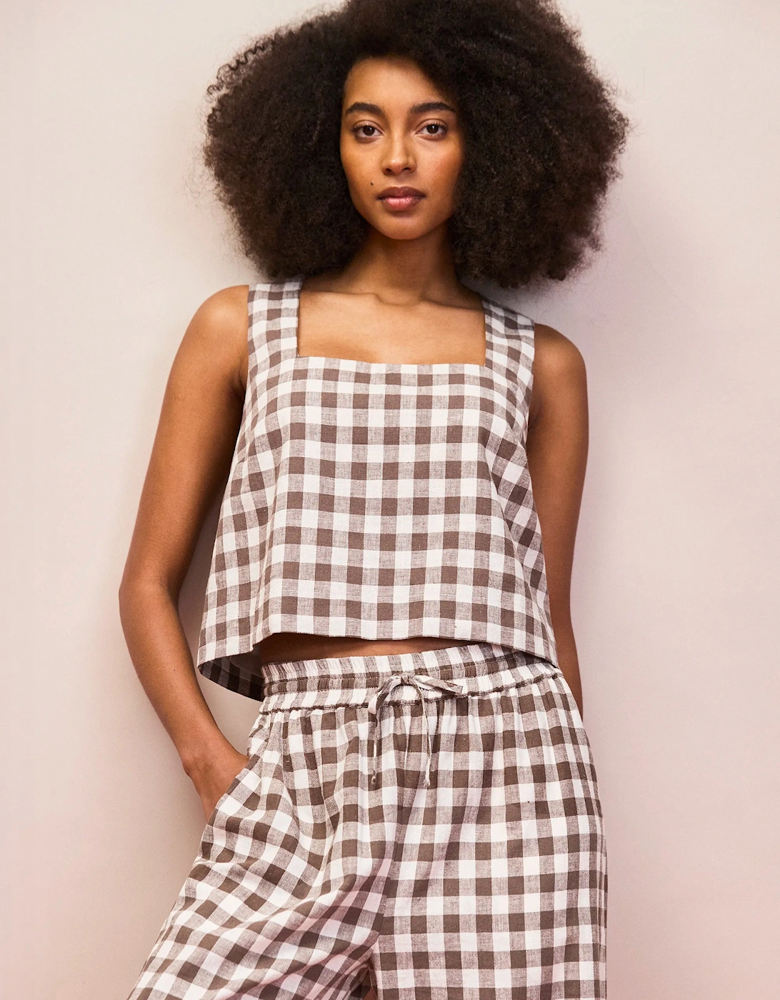 Brown Gingham Linen Blend Square Neck Top
