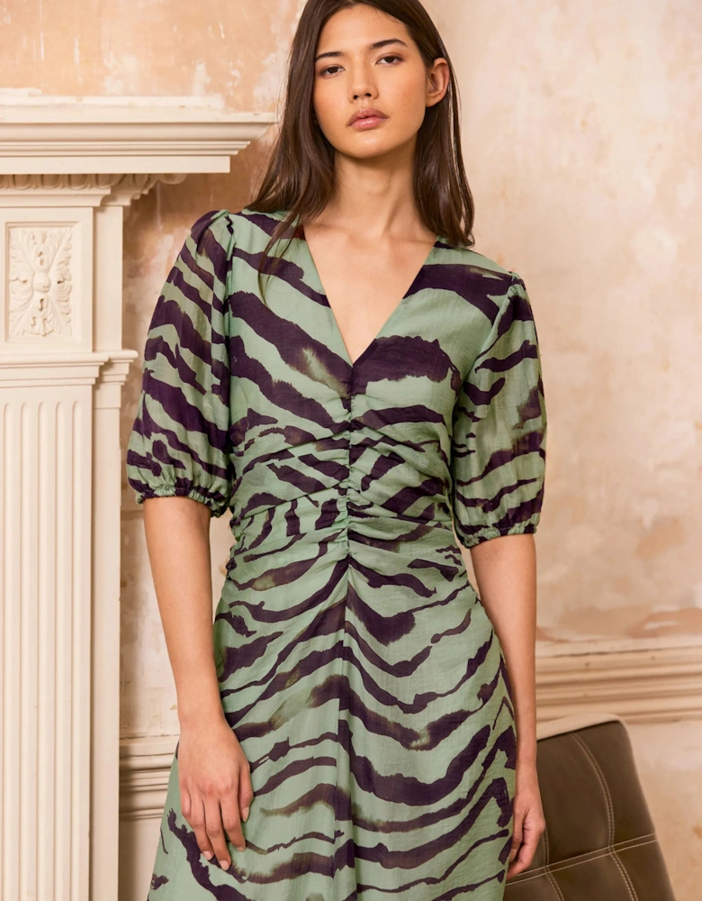 Petite Chloe Green Zebra Print Puff Sleeve Dress