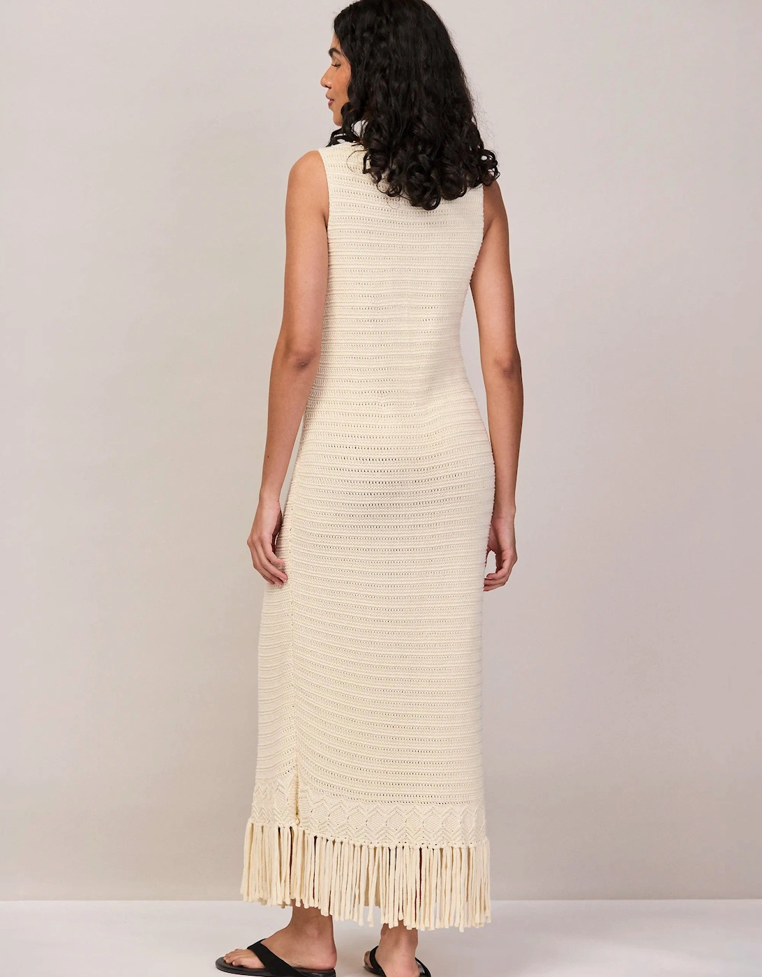 Petite Cream Knit Fringe Hem Dress