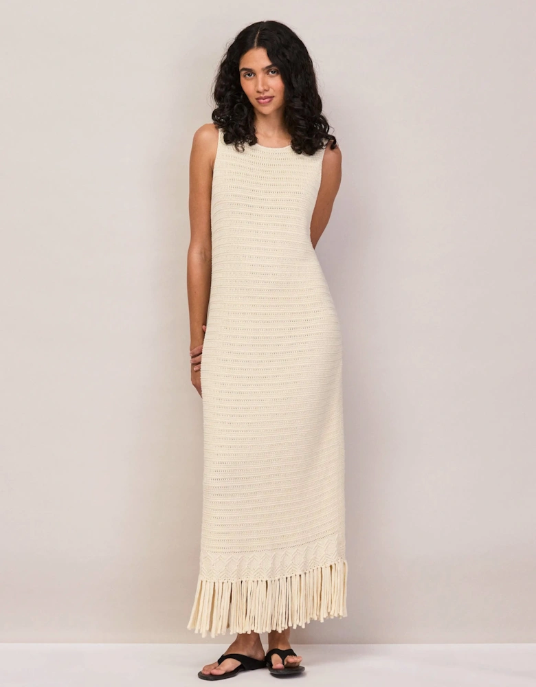 Petite Cream Knit Fringe Hem Dress