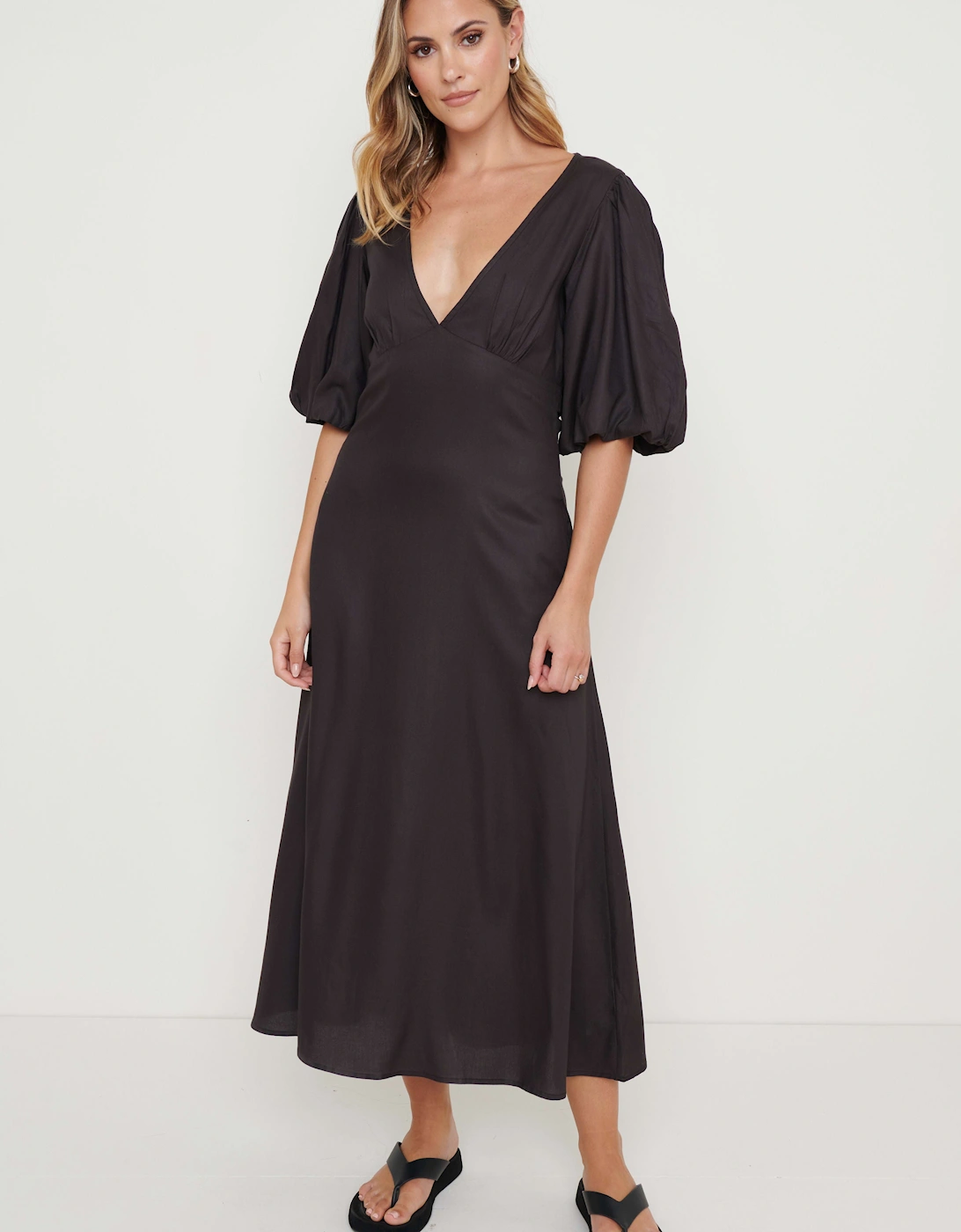 Jeanelle Puff Sleeve Backless Dress - Black