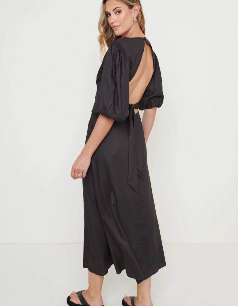 Jeanelle Puff Sleeve Backless Dress - Black