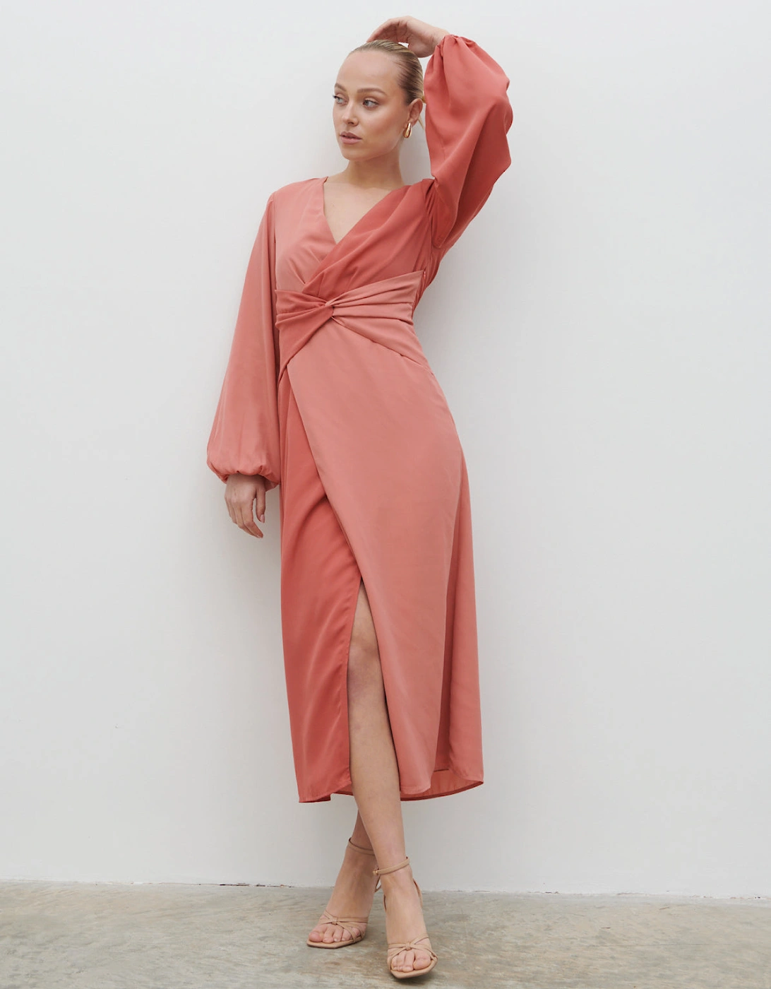 Friena Knot Contrast Midaxi Dress - Terracotta and Dusky Rose