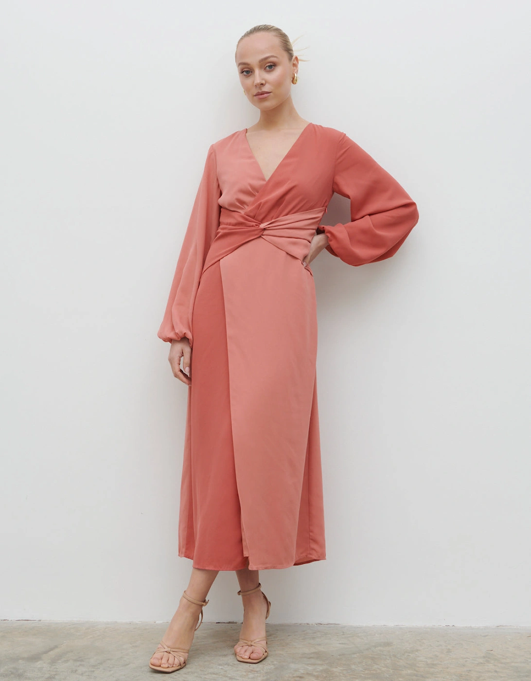 Friena Knot Contrast Midaxi Dress - Terracotta and Dusky Rose