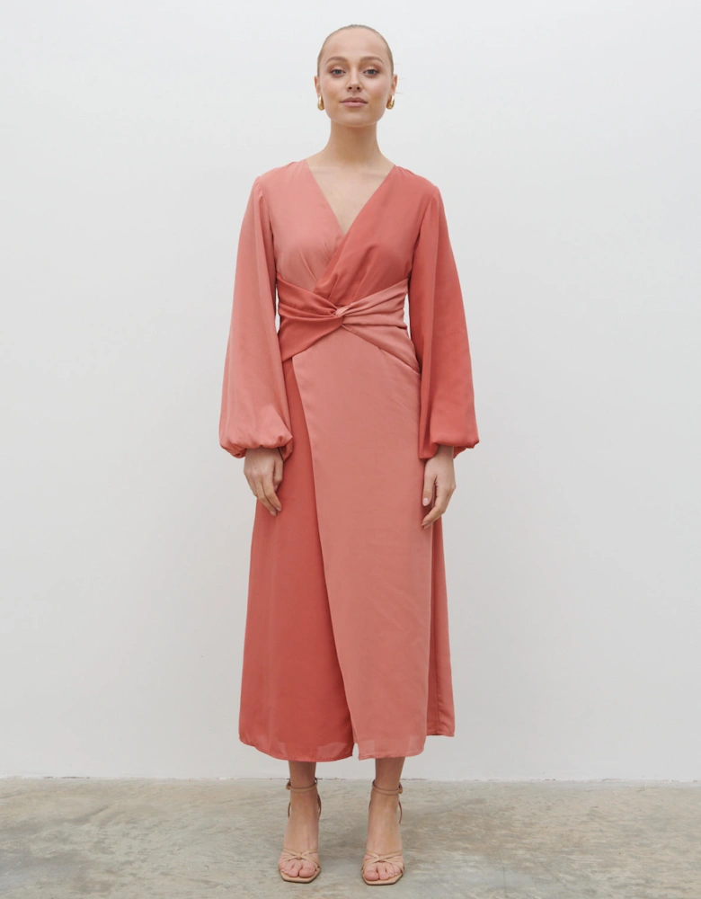 Friena Knot Contrast Midaxi Dress - Terracotta and Dusky Rose