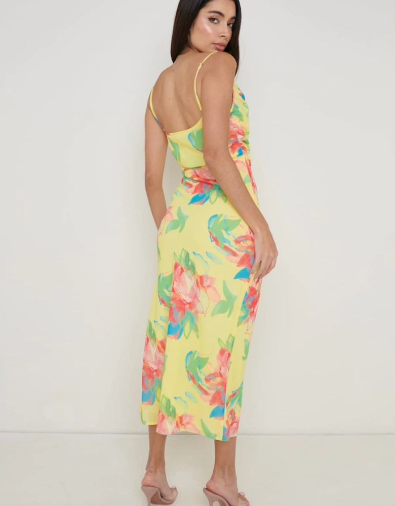 Keisha Ruched Midaxi Dress - Lemon Abstract Floral