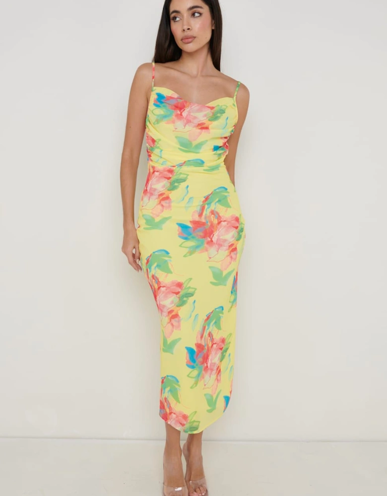 Keisha Ruched Midaxi Dress - Lemon Abstract Floral