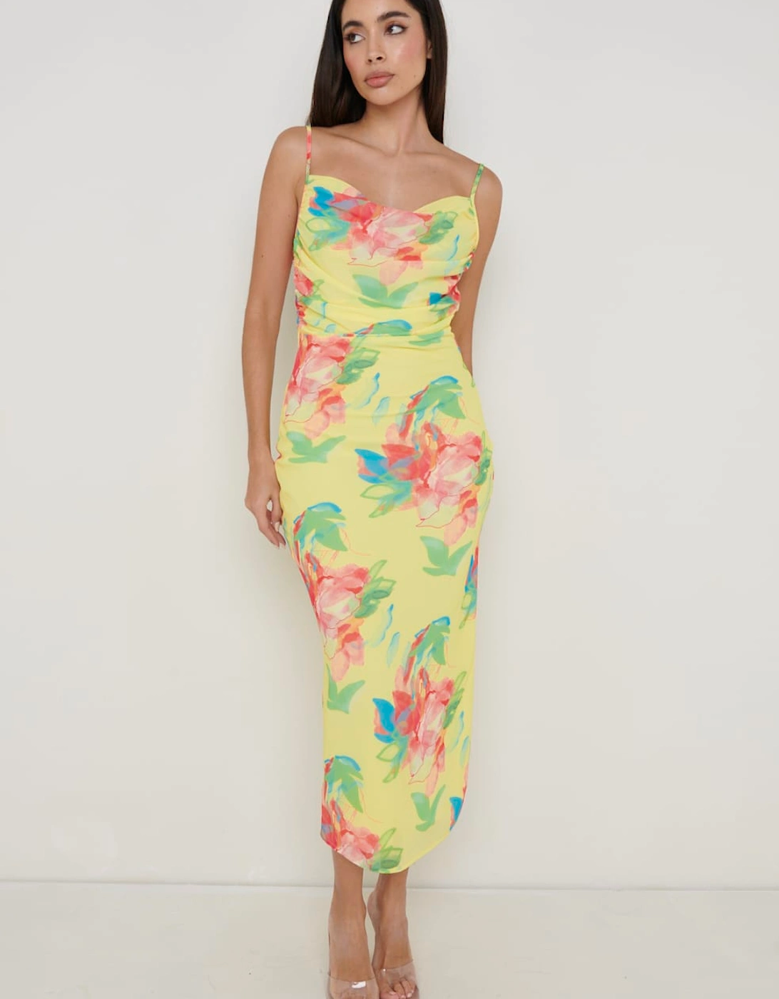 Keisha Ruched Midaxi Dress - Lemon Abstract Floral