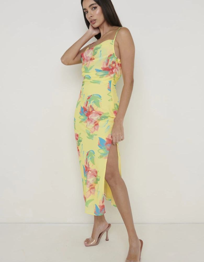 Keisha Ruched Midaxi Dress - Lemon Abstract Floral