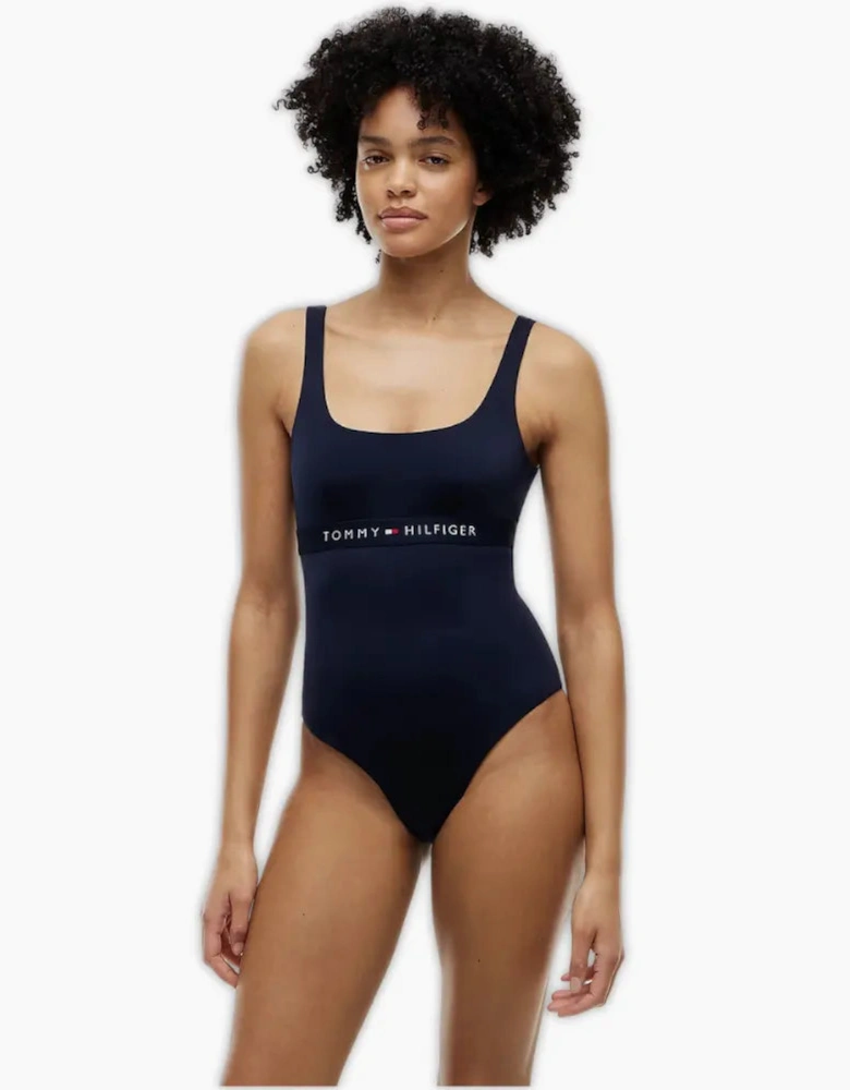 Logo Band One-Piece Swimsuit, Navy
