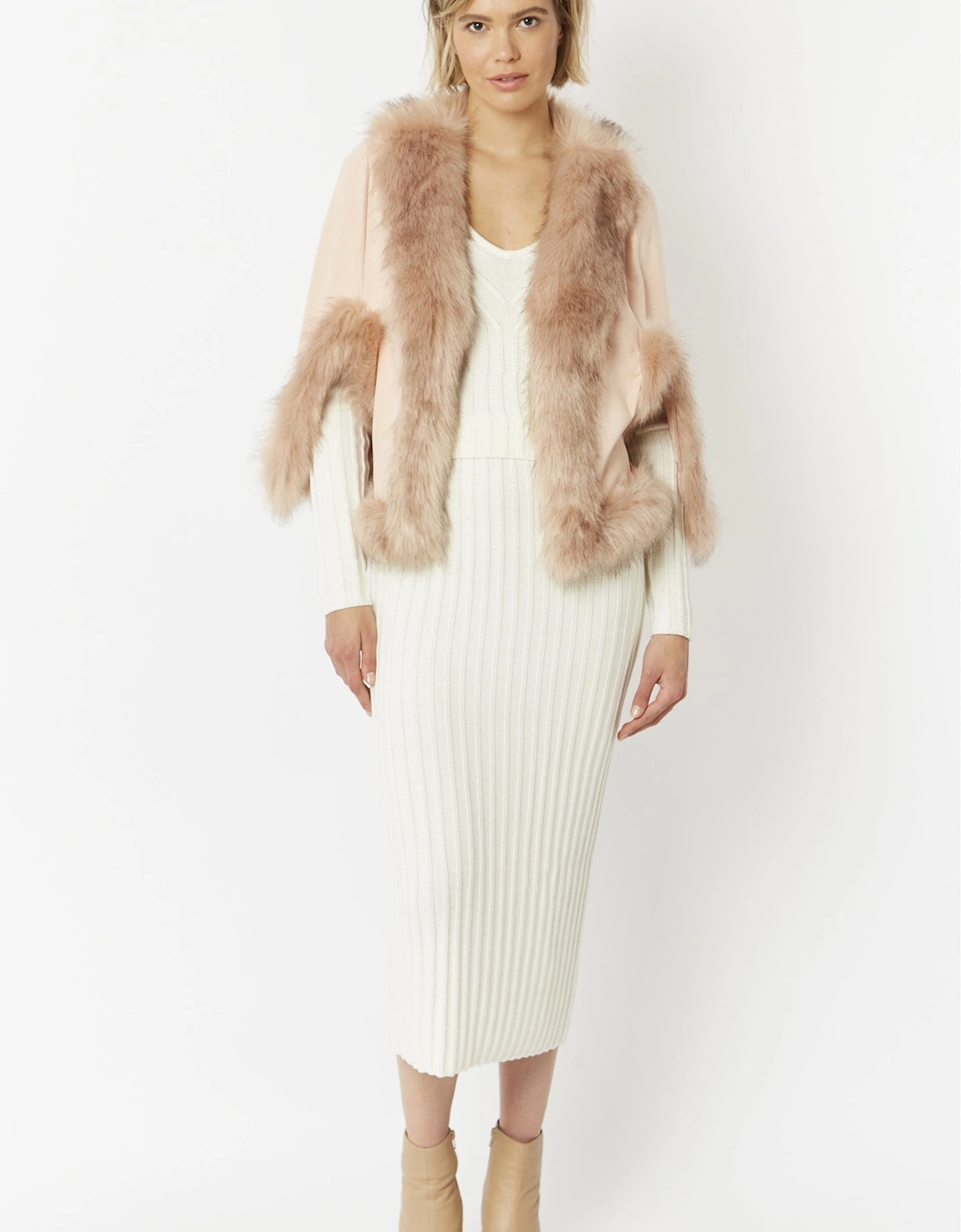 Pink Faux Fur Faux Suede Cape Jacket