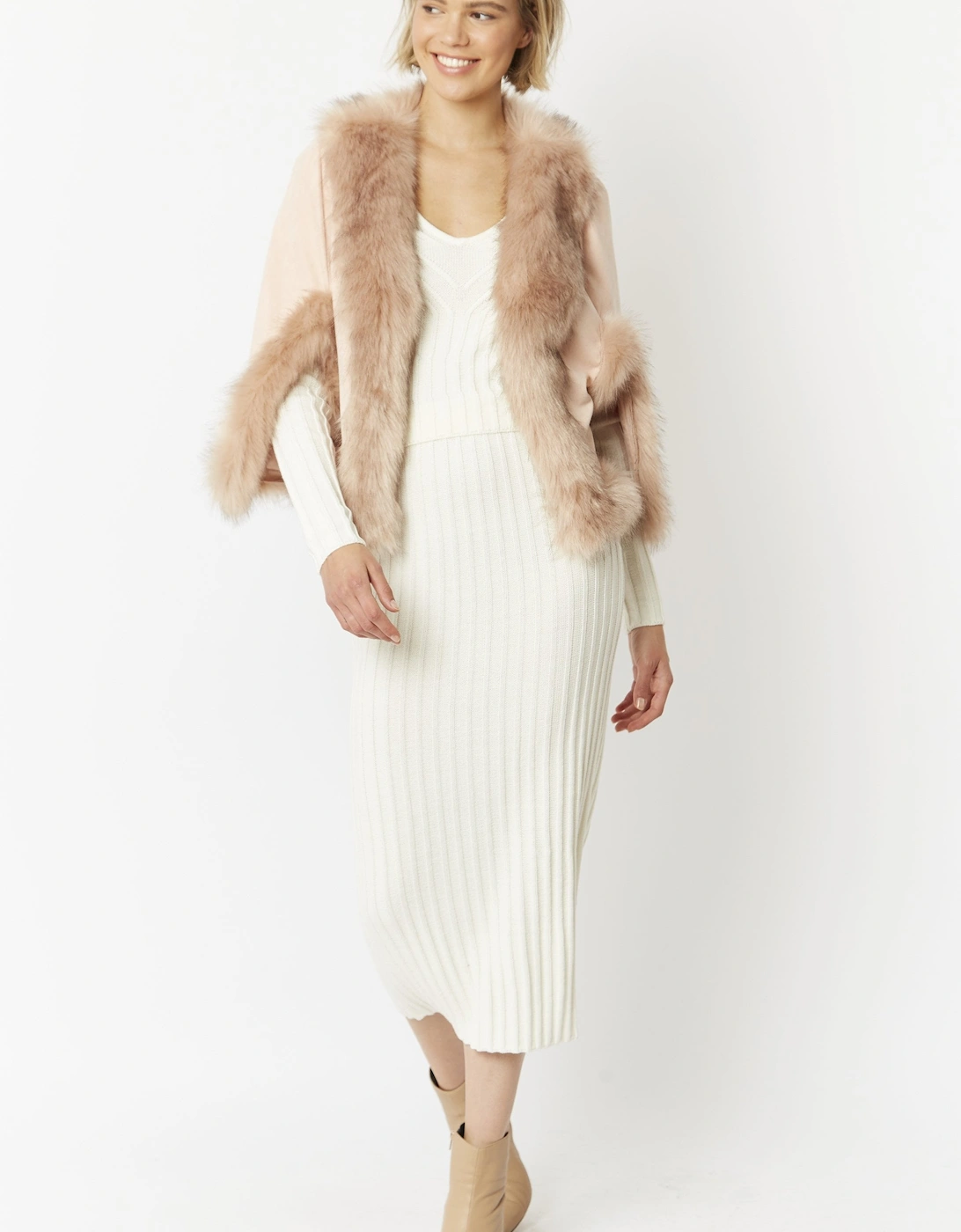 Pink Faux Fur Faux Suede Cape Jacket