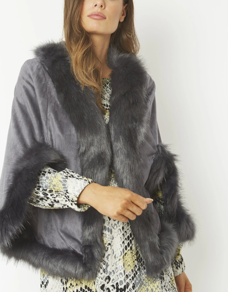 Grey Faux Fur Faux Suede Cape Jacket