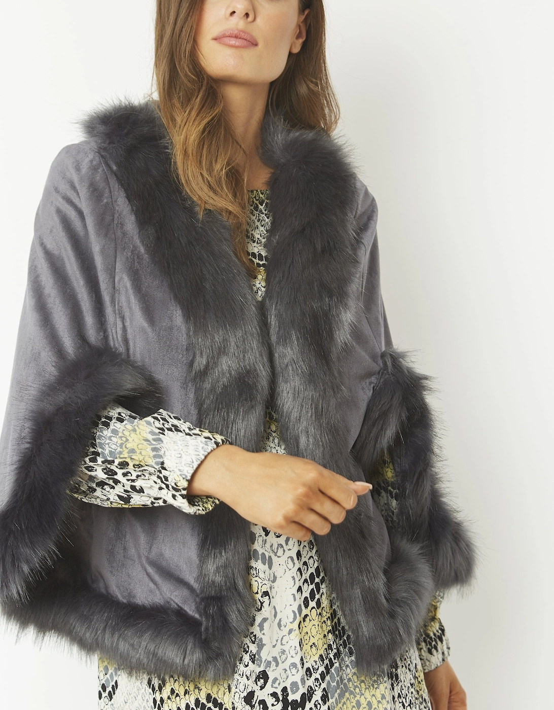 Grey Faux Fur Faux Suede Cape Jacket