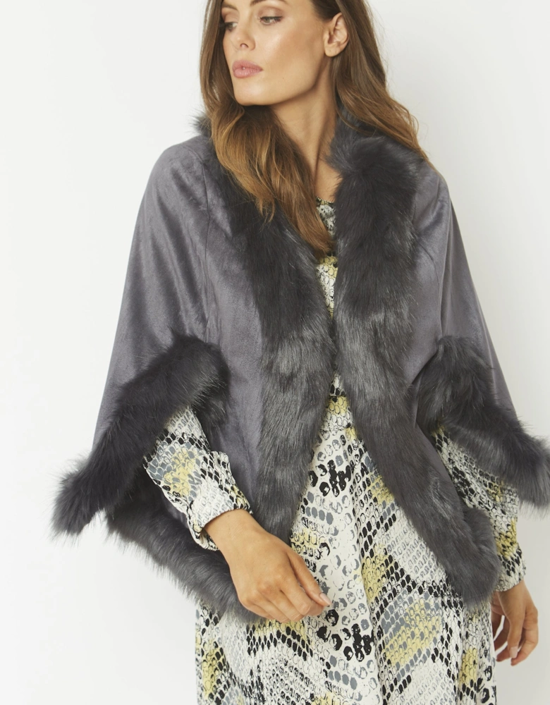 Grey Faux Fur Faux Suede Cape Jacket