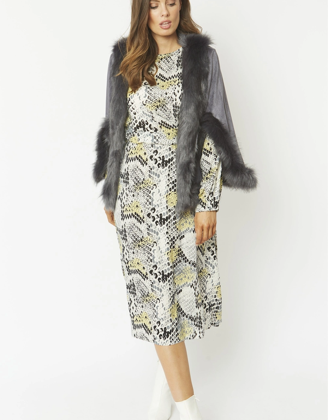 Grey Faux Fur Faux Suede Cape Jacket
