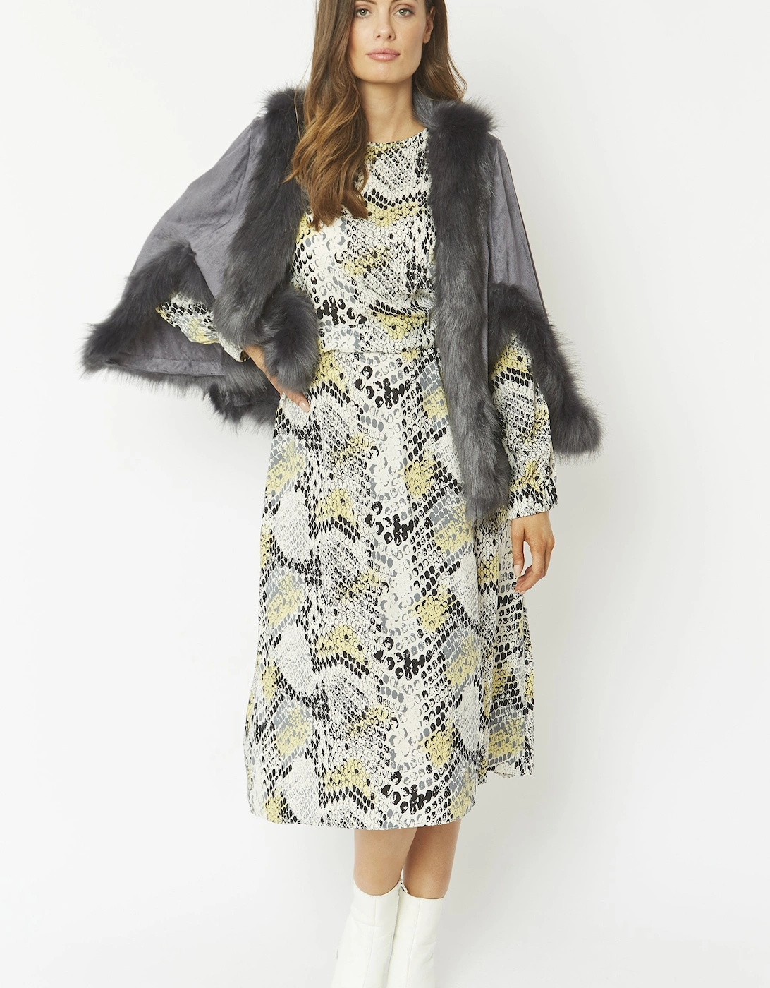 Grey Faux Fur Faux Suede Cape Jacket