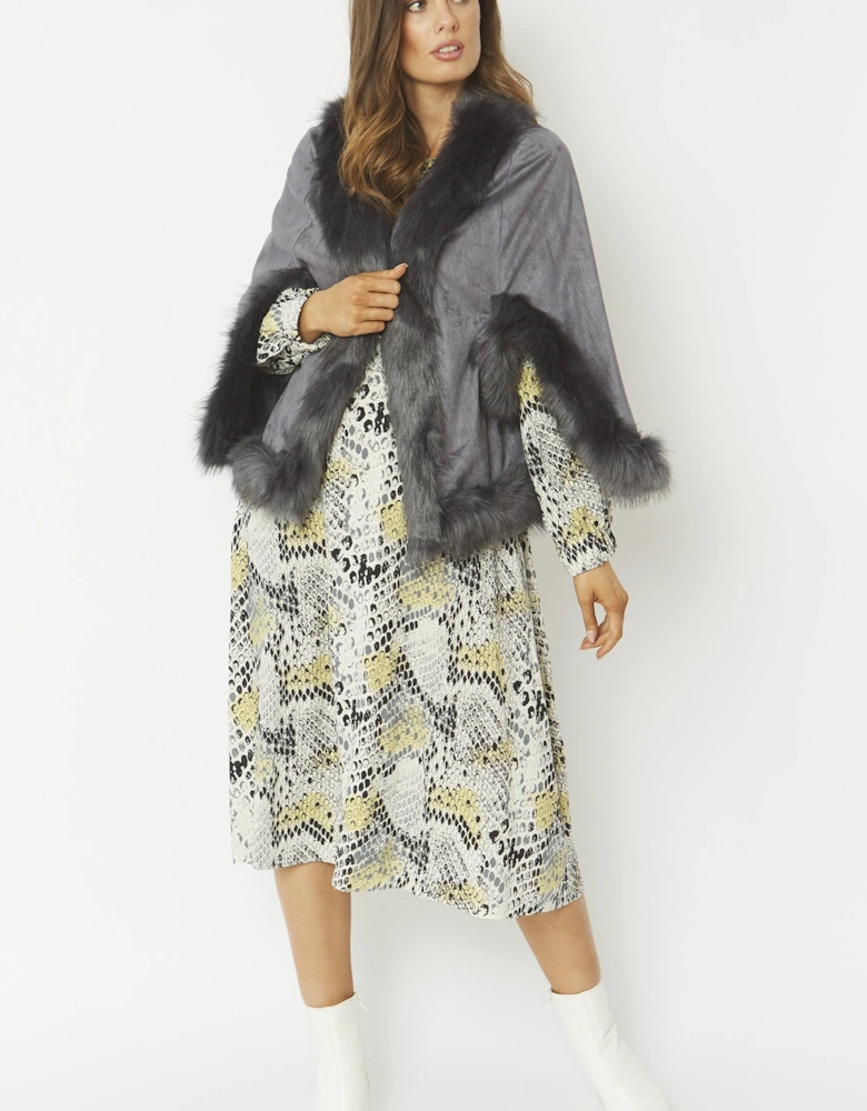 Grey Faux Fur Faux Suede Cape Jacket