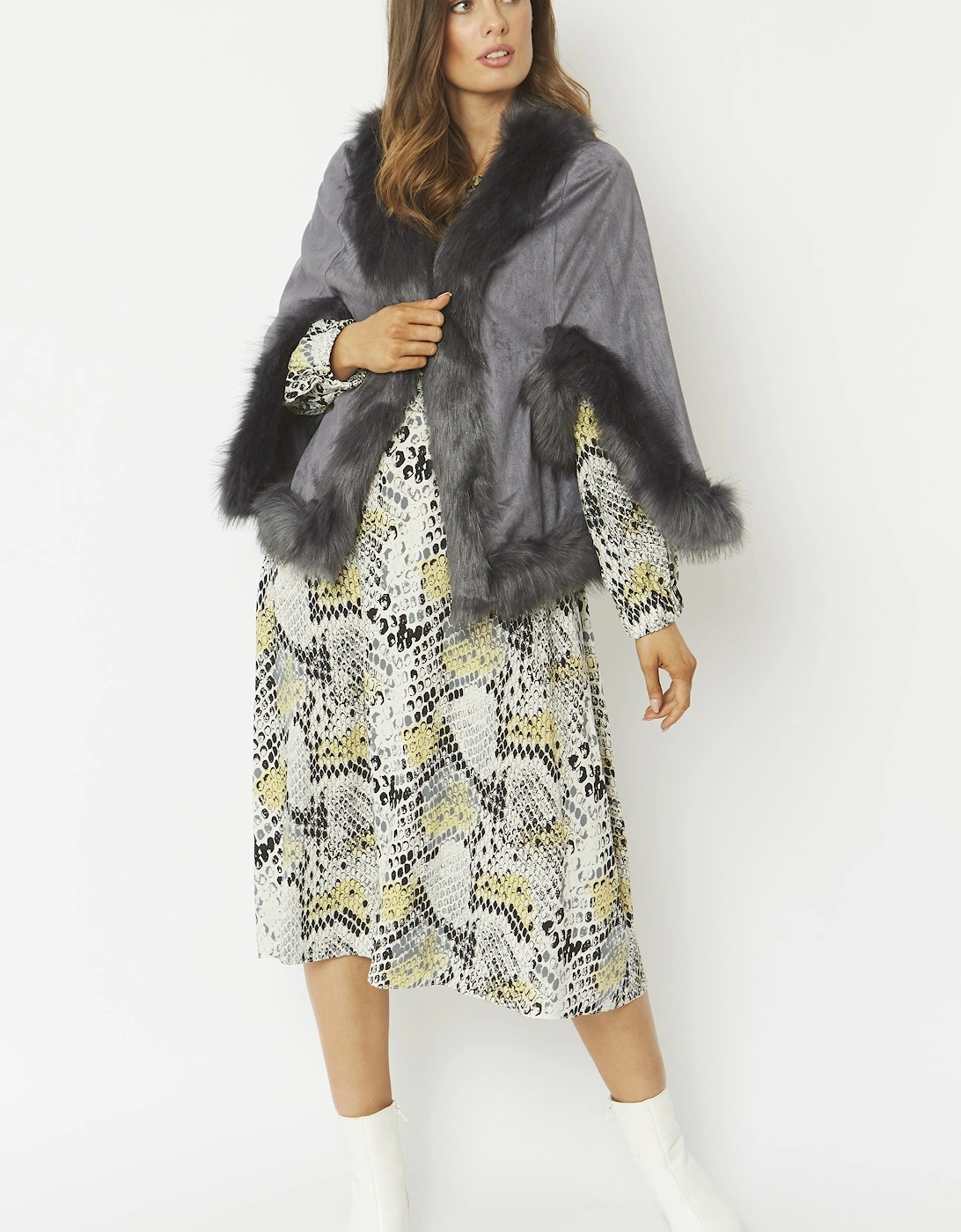 Grey Faux Fur Faux Suede Cape Jacket