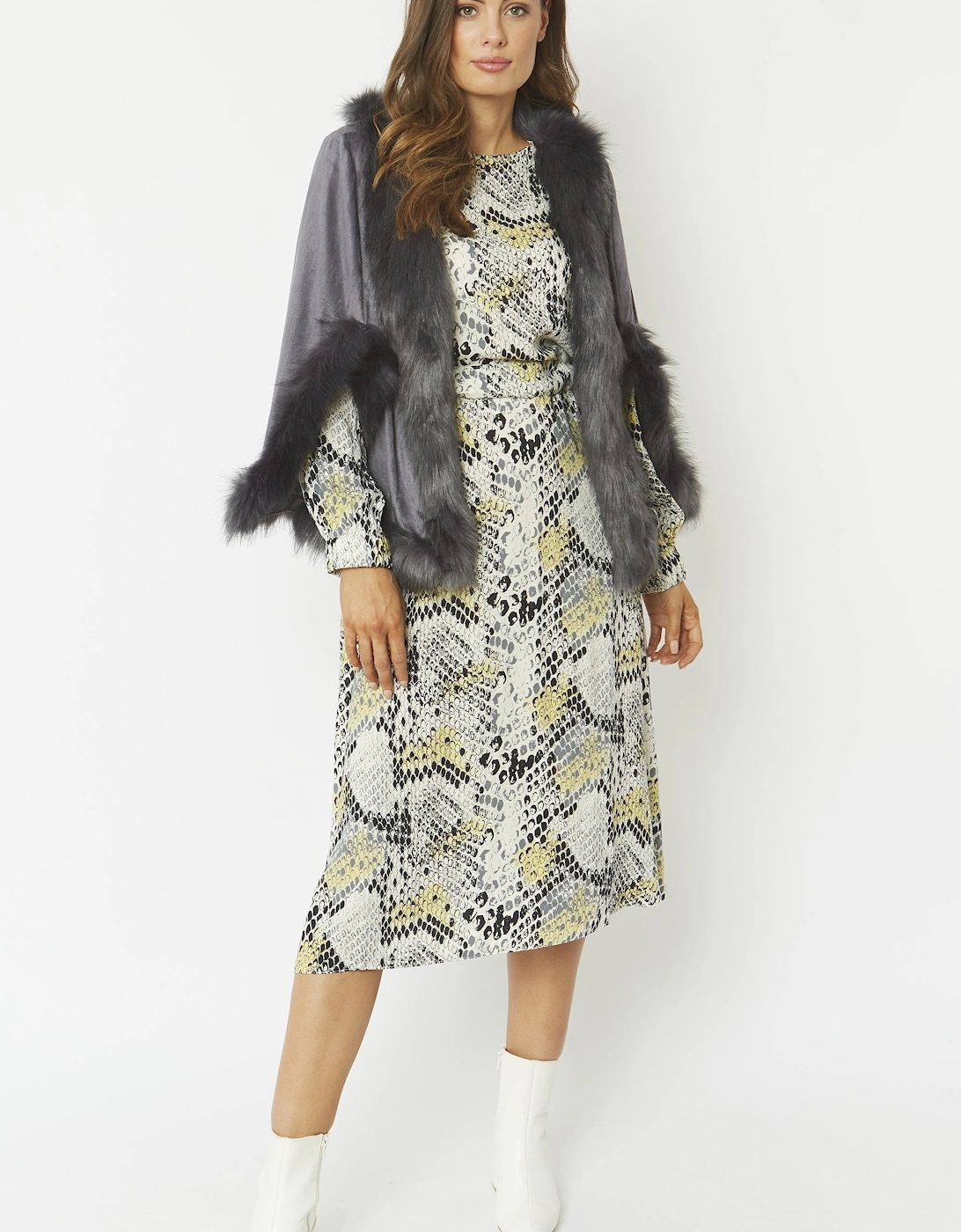 Grey Faux Fur Faux Suede Cape Jacket