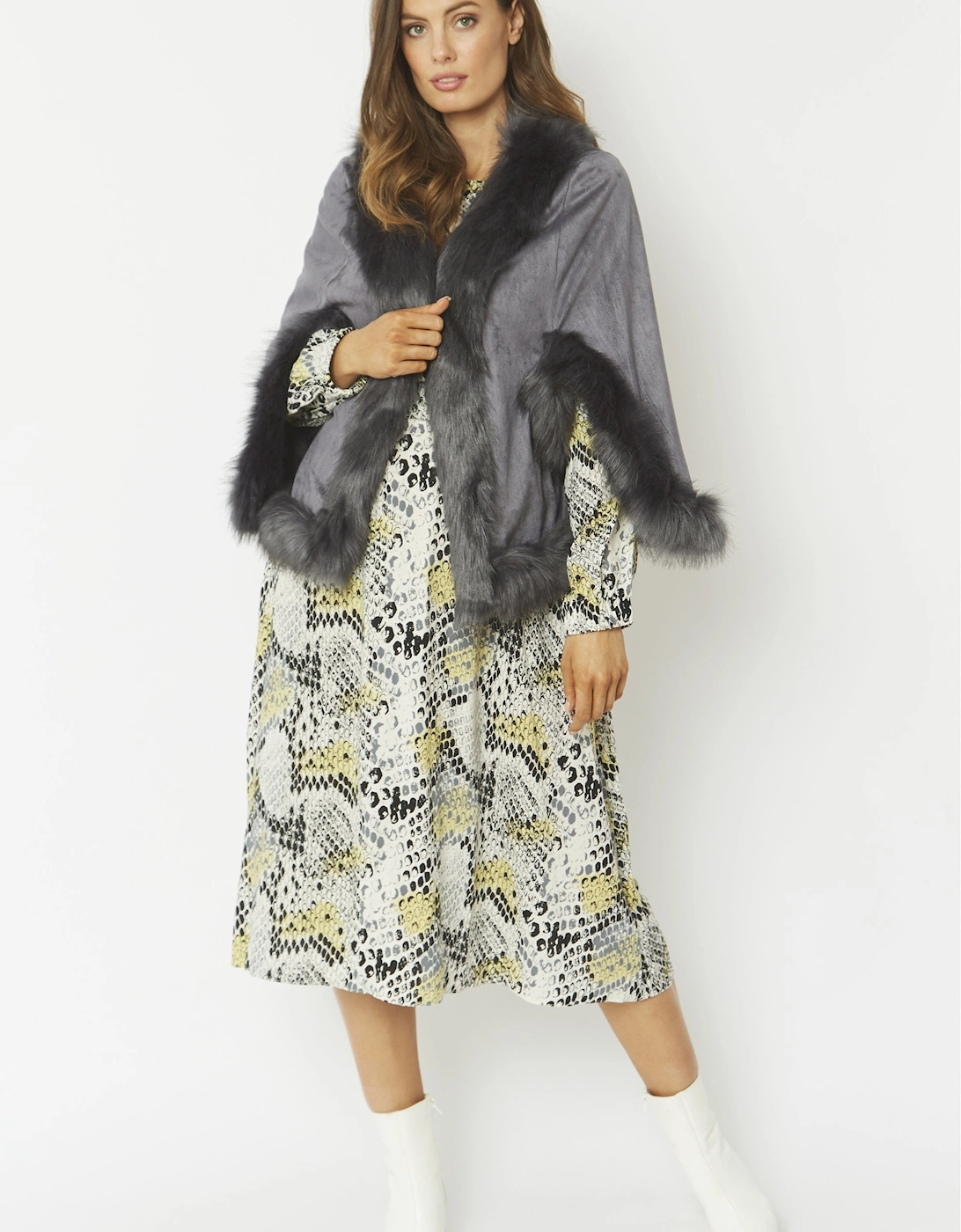 Grey Faux Fur Faux Suede Cape Jacket