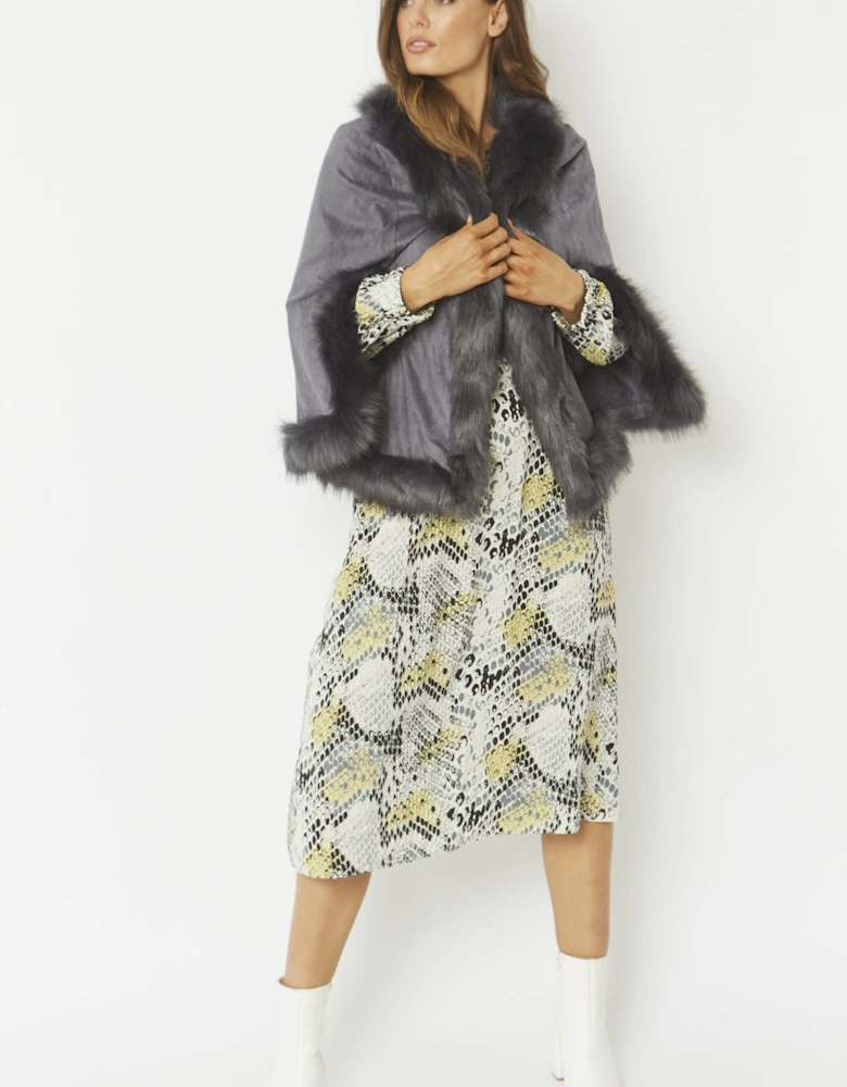 Grey Faux Fur Faux Suede Cape Jacket