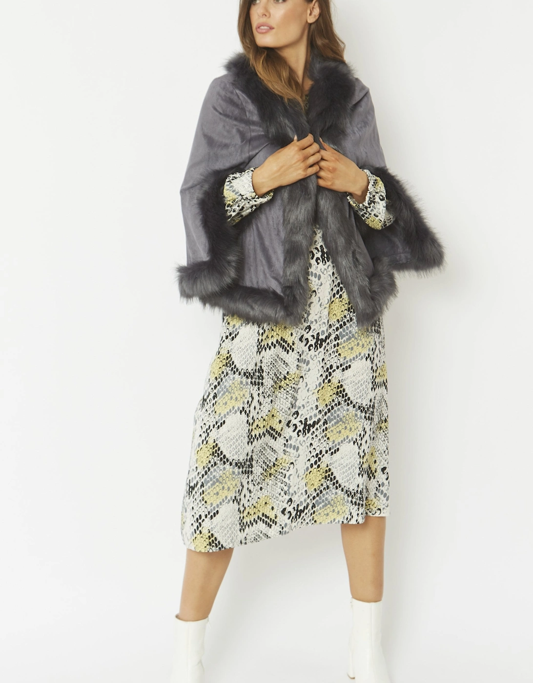 Grey Faux Fur Faux Suede Cape Jacket