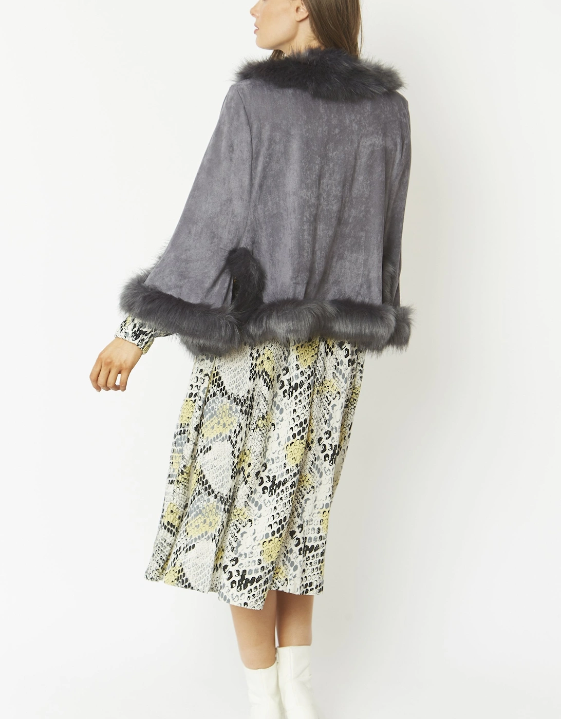 Grey Faux Fur Faux Suede Cape Jacket