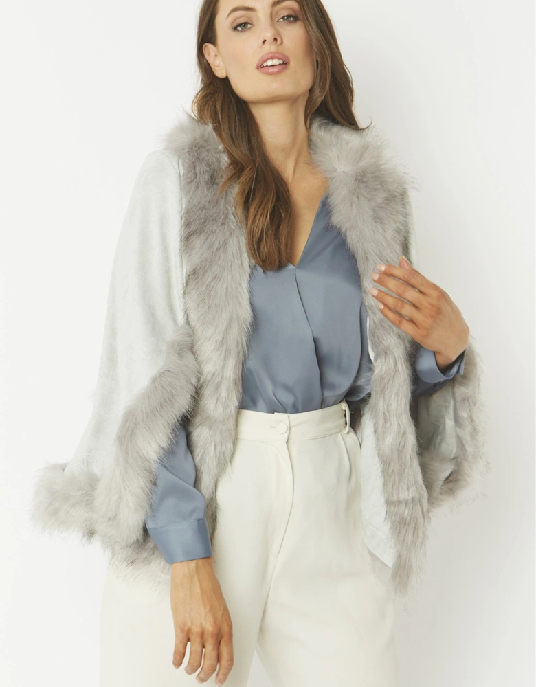 Grey Faux Fur Faux Suede Cape Jacket