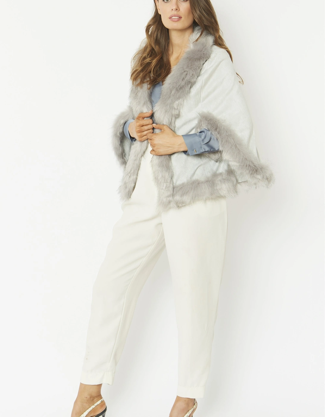 Grey Faux Fur Faux Suede Cape Jacket